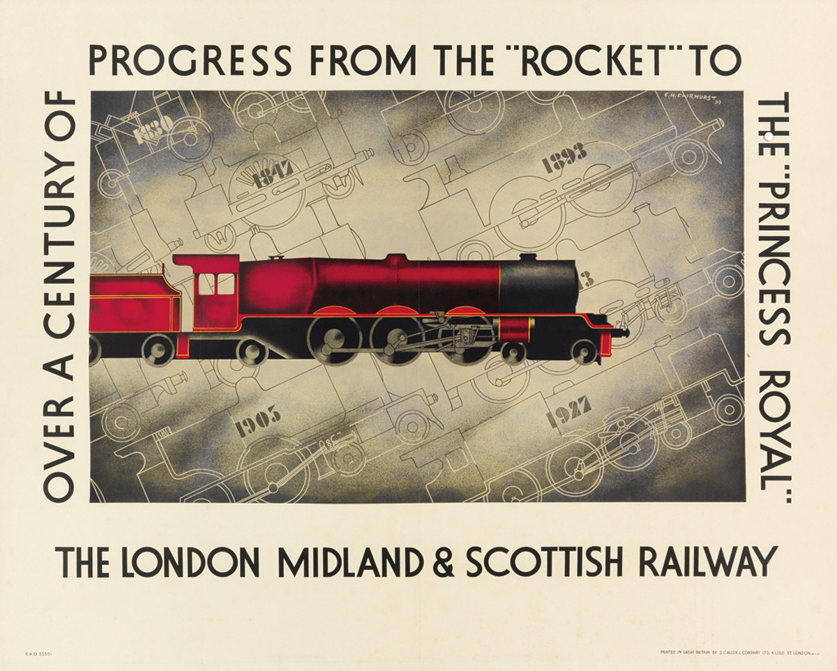 E.H. FAIRHURST (DATES UNKNOWN).  OVER A CENTURY OF PROGRESS FROM THE ROCKET TO THE PRINCESS ROYAL. 1933. 29¾x44½ inches, 75½x113 cm